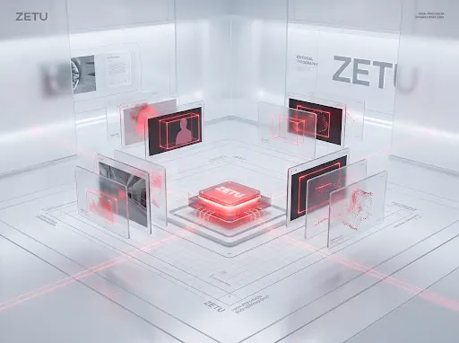 Clean 3D spatial visualization of AI data pipeline stage with floating bounding box cards and red core node
