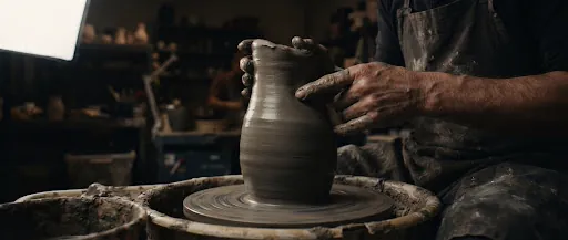 陶艺师双手在转盘上为陶坯塑形